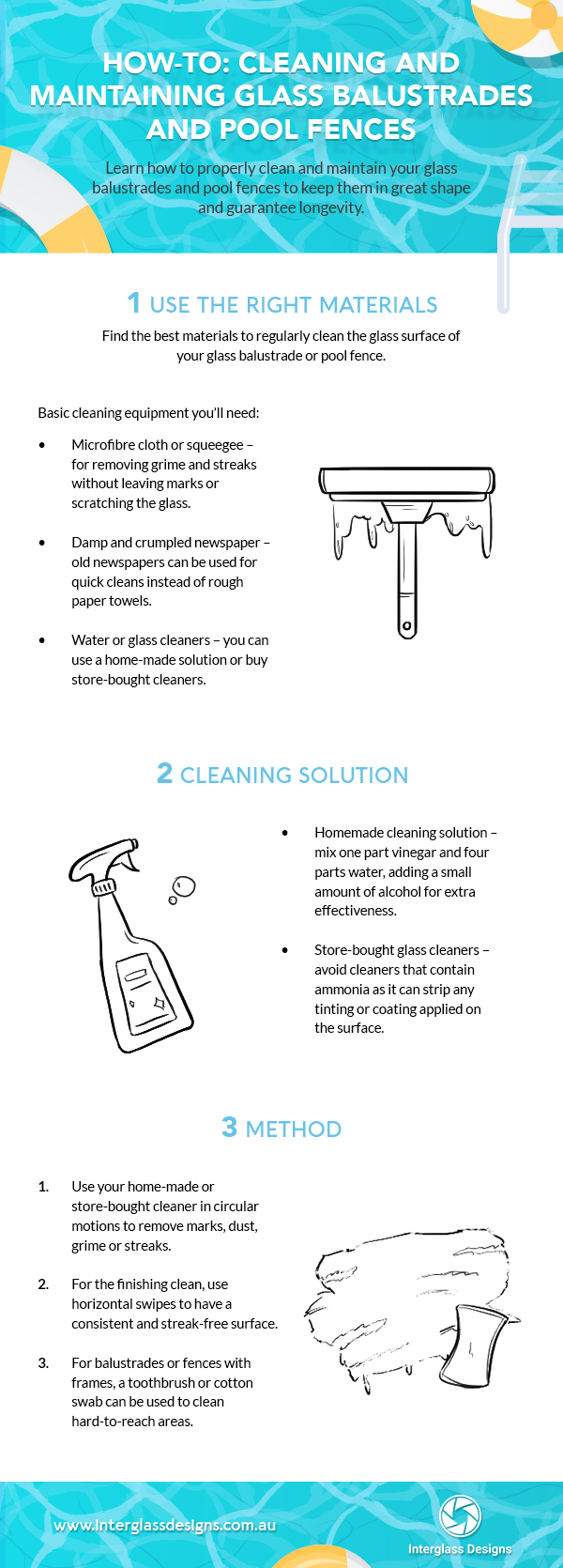 How to clean and maintain glass balustrade and pool fence infographic